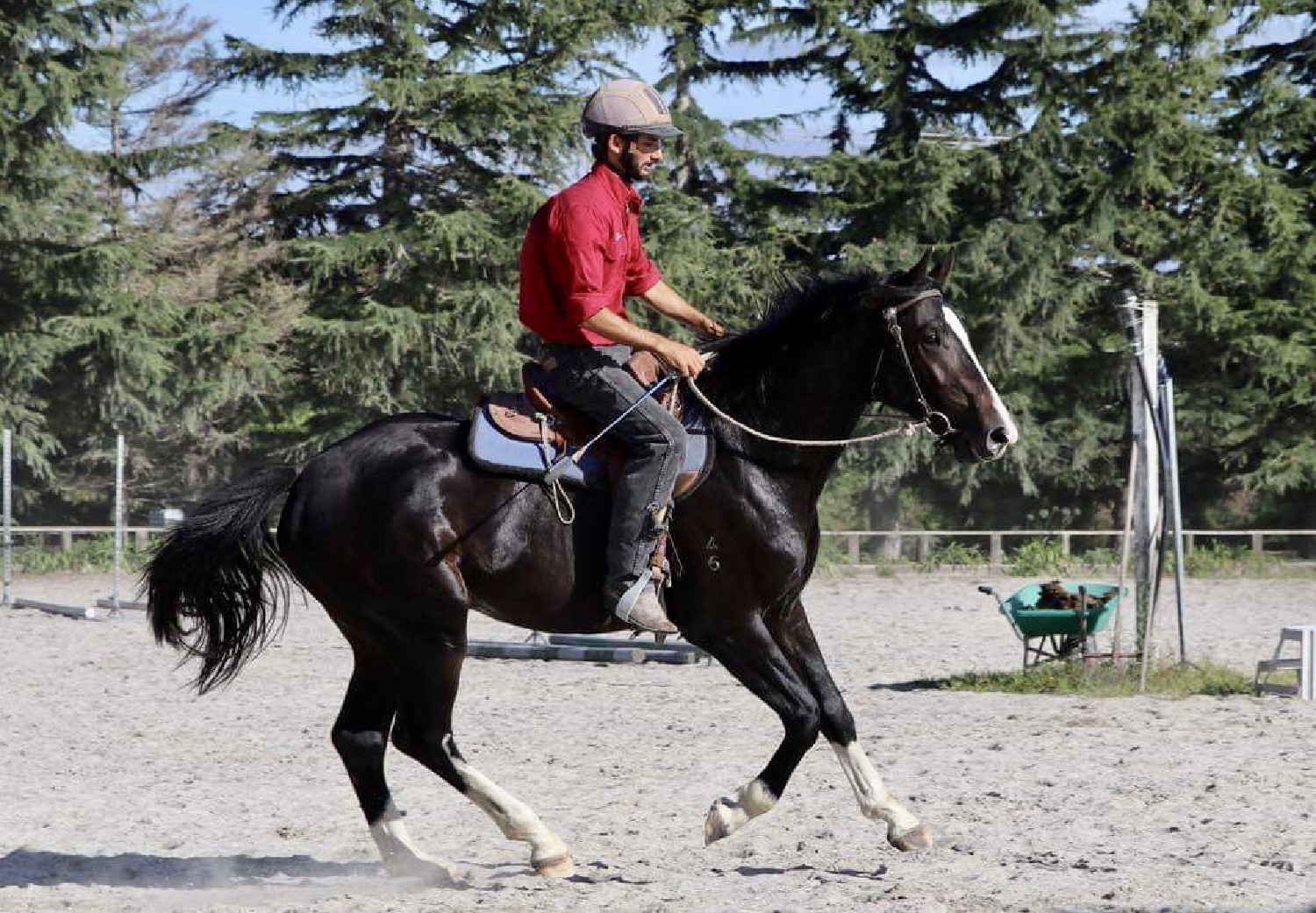 Miro riding a black horse in a sand arena