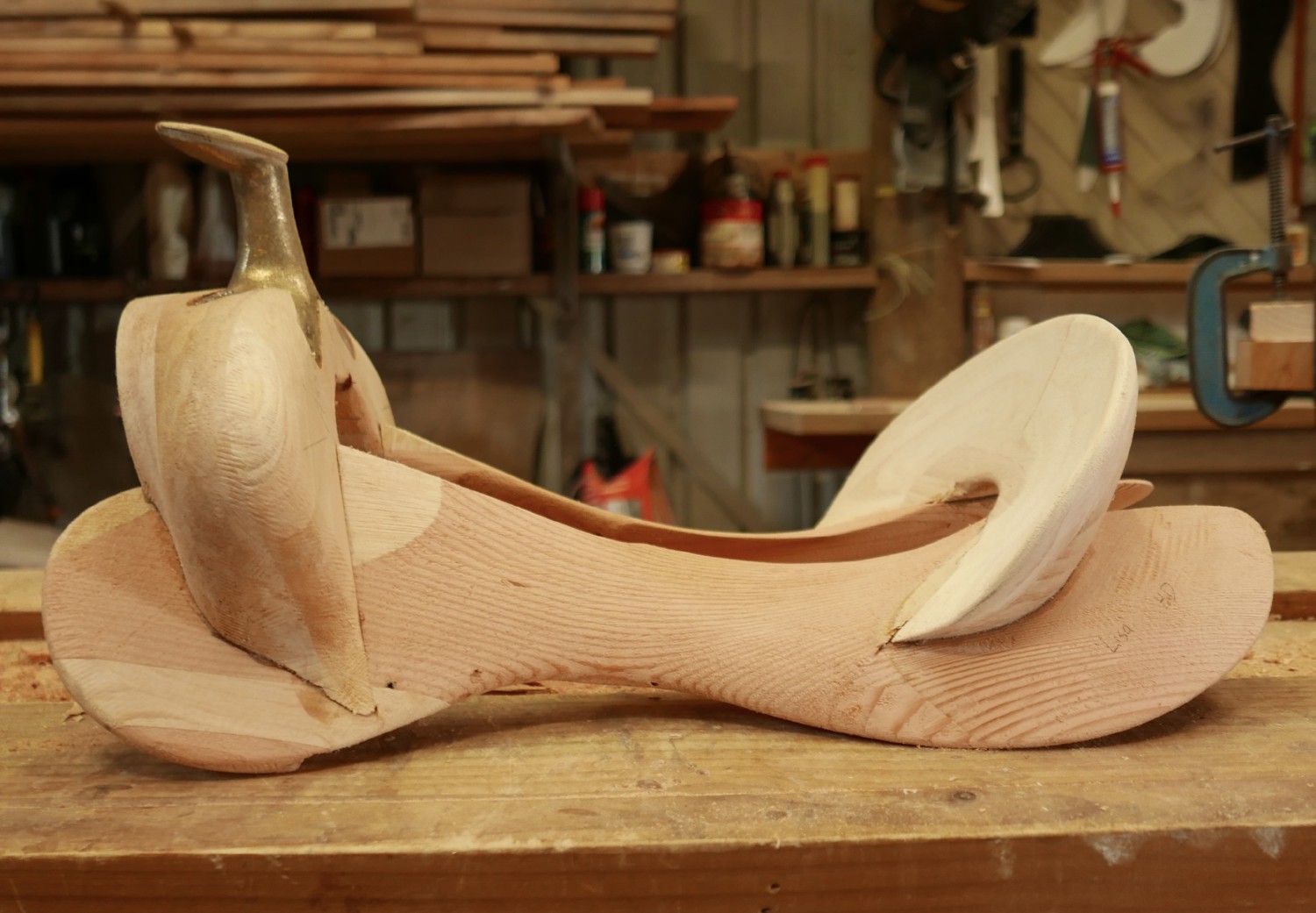 In progress wooden saddle tree awaiting rawhide